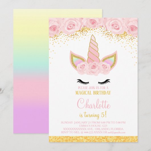 Pink Flowers Eenhoorn Verjaardag Uitnodigen Kaart (Voorkant / Achterkant)