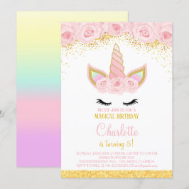 Pink Flowers Eenhoorn Verjaardag Uitnodigen Kaart