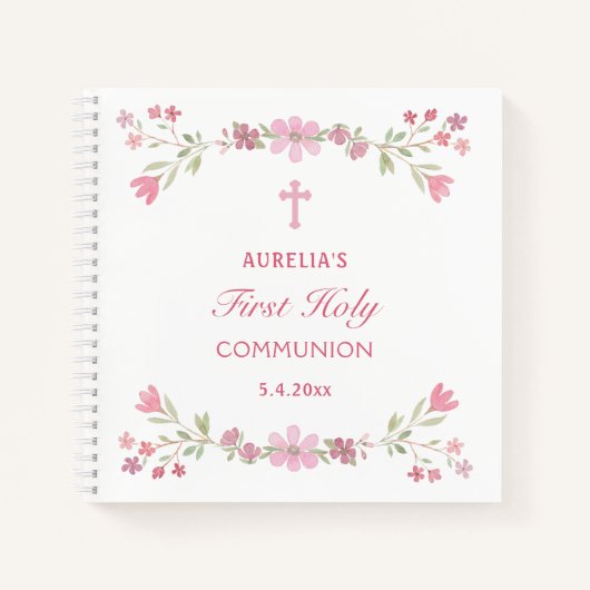 Pink Flowers eerste communie gastenboek Notitieboek (Voorkant)