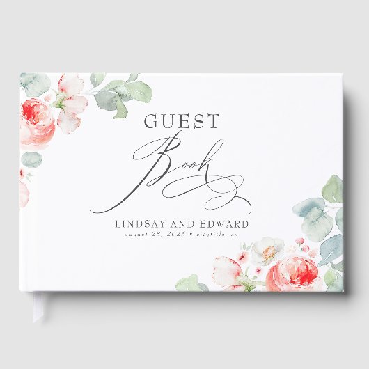 Pink Flowers Elegant Romantic Greenery Wedding Gastenboek (Voorkant)