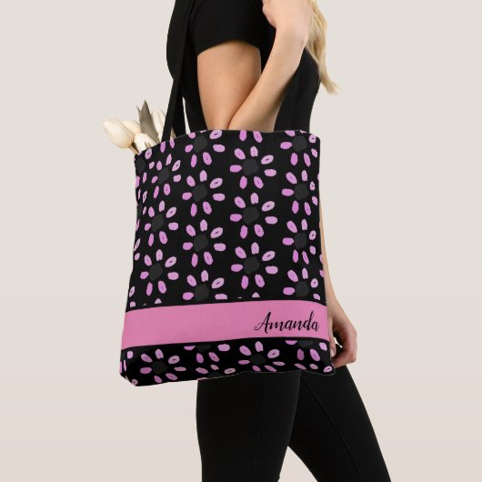 Pink Flowers Floral Pattern met Name Tote Bag (Dichtbij)