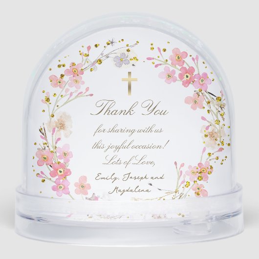 pink flowers frame Baptism thank you  Sneeuwbol (Achterkant)