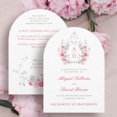 Pink Flowers Frame Catholic Wedding Invitation Kaart