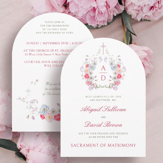 Pink Flowers Frame Catholic Wedding Invitation Kaart