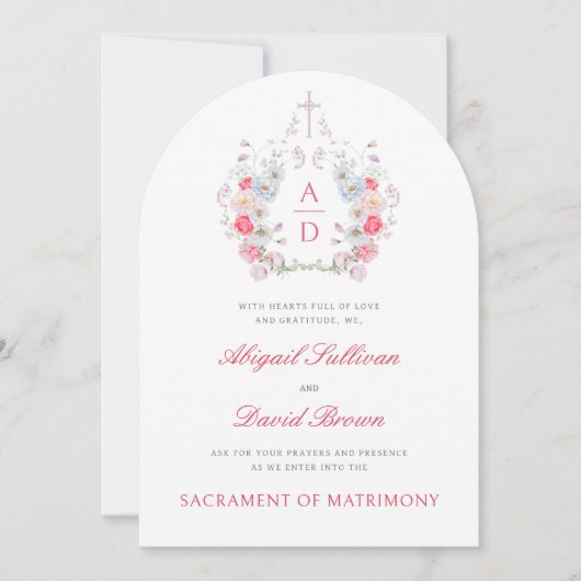 Pink Flowers Frame Catholic Wedding Invitation Kaart (Voorkant)
