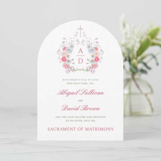 Pink Flowers Frame Catholic Wedding Invitation Kaart (Staand voorkant)