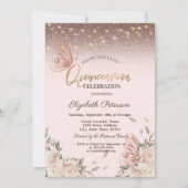Pink Flowers Glitter Butterflies Quinceañera Kaart (Voorkant)