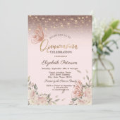 Pink Flowers Glitter Butterflies Quinceañera Kaart (Staand voorkant)