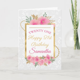 Pink Flowers Gold Foil Happy Birthday Kaart