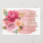 Pink Flowers Gold Glitter 21st Birthday Party Kaart<br><div class="desc">Elegant botanisch met een wazige roze bloem (rozen) en glitterig goud op roze en witte waterverf 21e verjaardag uitnodiging voor vrouwen. Neem contact met ons op voor hulp bij aanpassingen of om passende producten aan te vragen.</div>