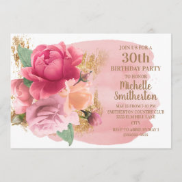 Pink Flowers Gold Glitter 30th Birthday Party Kaart