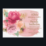 Pink Flowers Gold Glitter 40th Birthday Party Kaart<br><div class="desc">Elegant botanisch met wazige roze florale (rozen) en glitteriegoud op roze en witte waterverf uitnodiging voor het 40e verjaardag van vrouwen. Neem contact met ons op voor hulp bij aanpassingen of om passende producten aan te vragen.</div>