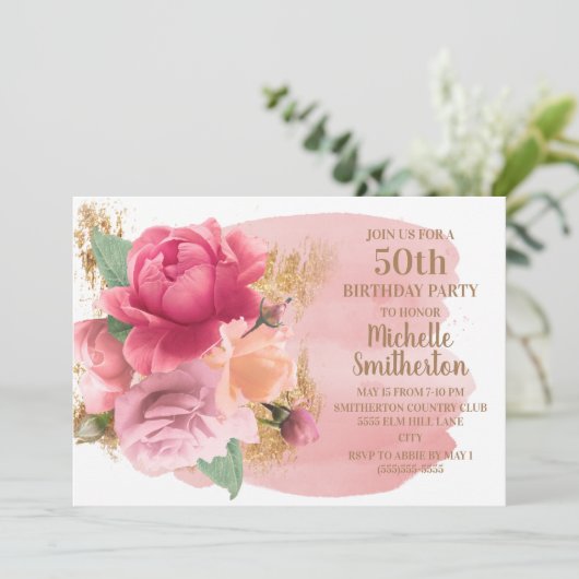 Pink Flowers Gold Glitter 50th Birthday Party Kaart (Staand voorkant)