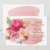 Pink Flowers Gold Glitter 50th Birthday Party Kaart (Voorkant / Achterkant)