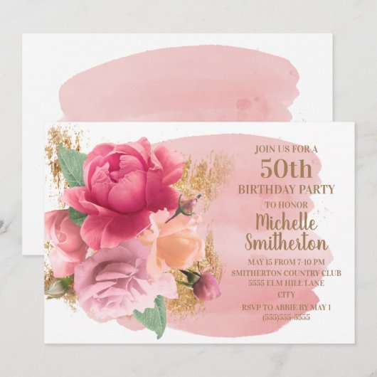 Pink Flowers Gold Glitter 50th Birthday Party Kaart (Voorkant / Achterkant)