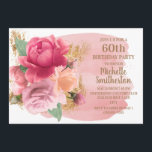 Pink Flowers Gold Glitter 60th Birthday Party Kaart<br><div class="desc">Elegant botanisch met een wazige roze bloem (rozen) en glitterig goud op roze en witte waterverf uitnodiging voor vrouwen om een 60e verjaardag te vieren. Neem contact met ons op voor hulp bij aanpassingen of om passende producten aan te vragen.</div>
