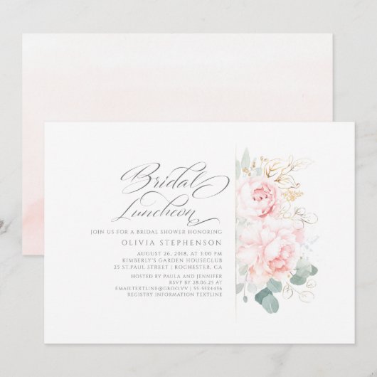 Pink Flowers Gold Greenery Vrijgezellenfeest Lunch Kaart (Voorkant / Achterkant)