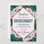 Pink Flowers Gold Trim Emerald Jade Bridesmaid Kaart (Voorkant)