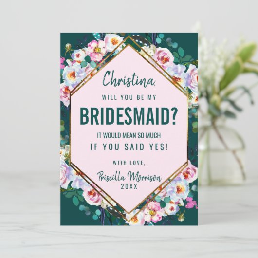 Pink Flowers Gold Trim Emerald Jade Bridesmaid Kaart (Staand voorkant)