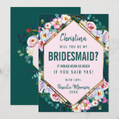 Pink Flowers Gold Trim Emerald Jade Bridesmaid Kaart (Voorkant / Achterkant)