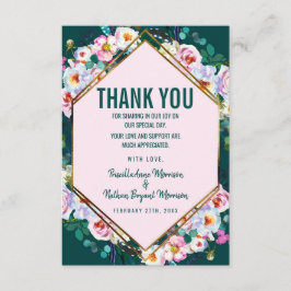 Pink Flowers Gold Trim Emerald Jade Hartelijk dank Bedankkaart