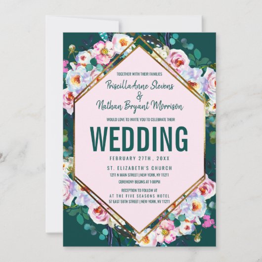 Pink Flowers Gold Trim Emerald Jade Wedding Kaart (Voorkant)