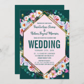 Pink Flowers Gold Trim Emerald Jade Wedding Kaart (Voorkant / Achterkant)