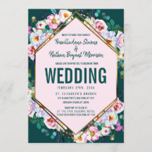 Pink Flowers Gold Trim Emerald Jade Wedding