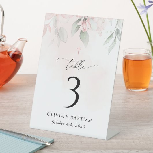 Pink Flowers, Greenery, Baptism Table Numbers Reclamebord Met Voetstuk (Insitu)