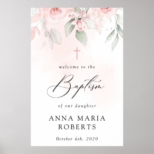 Pink Flowers, Greenery, Boho, Baptism Welcome Poster (Voorkant)