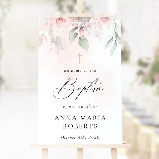 Pink Flowers, Greenery, Boho, Baptism Welcome Poster