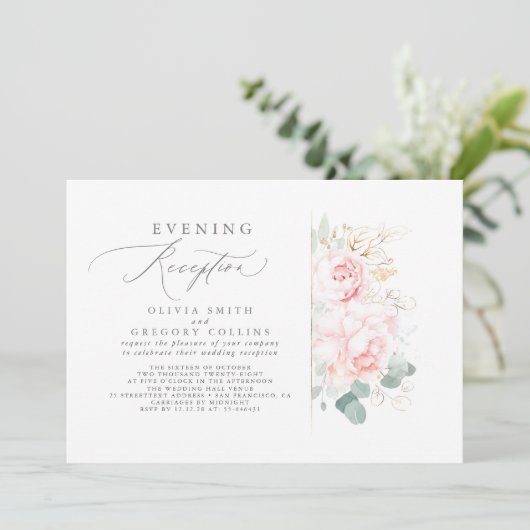 Pink Flowers Greenery Elegant Evening Reception Kaart (Staand voorkant)