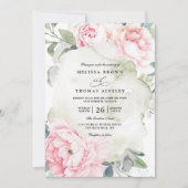 Pink Flowers Greenery Elegant QR Code Wedding Kaart (Voorkant)