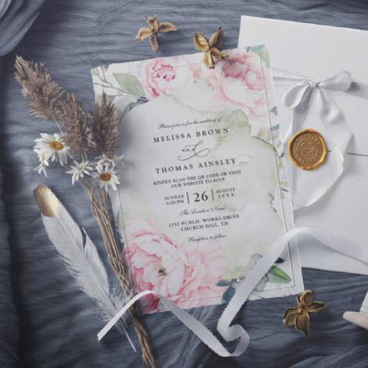 Pink Flowers Greenery Elegant QR Code Wedding Kaart
