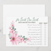 Pink Flowers He Said She Said Bridal Shower Game Advieskaart (Voorkant / Achterkant)