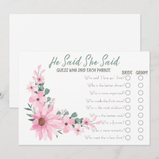 Pink Flowers He Said She Said Bridal Shower Game Advieskaart (Voorkant / Achterkant)