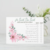 Pink Flowers He Said She Said Bridal Shower Game Advieskaart (Staand voorkant)