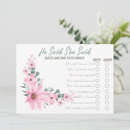 Pink Flowers He Said She Said Bridal Shower Game Advieskaart (Staand voorkant)