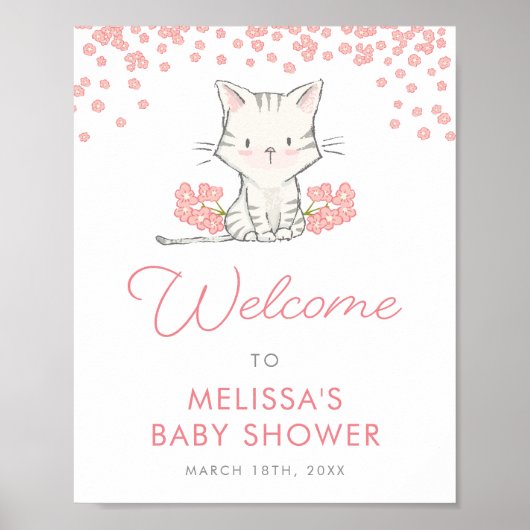 Pink Flowers Kitten Meisje Baby shower Welkom Poster (Voorkant)