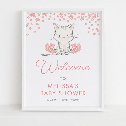 Pink Flowers Kitten Meisje Baby shower Welkom Poster