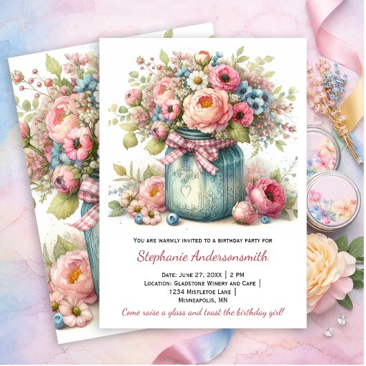 Pink Flowers Mason Jar Birthday Party | Invitation Kaart
