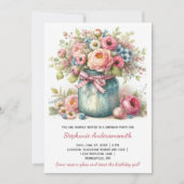 Pink Flowers Mason Jar Birthday Party | Invitation Kaart (Voorkant)