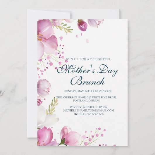 Pink Flowers Moederdag Brunch Uitnodiging (Voorkant)