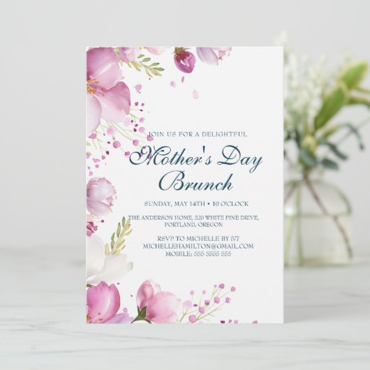 Pink Flowers Moederdag Brunch Uitnodiging (Staand voorkant)