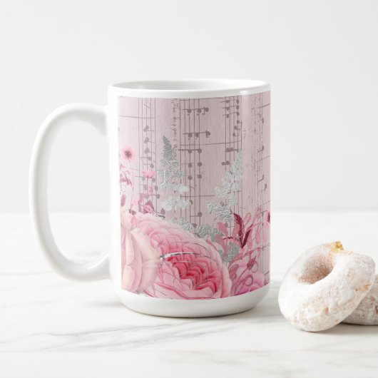 Pink Flowers Muziekblad Koffie mok (Met donut)