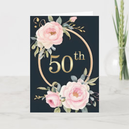 Pink Flowers on Black 50th Wedding Anniversary Kaart