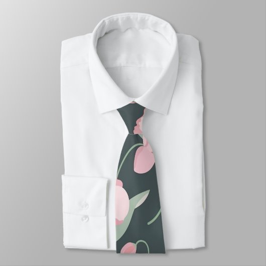 Pink flowers on dark green seamless pattern stropdas (Gebonden)