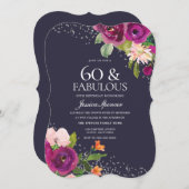 Pink Flowers Paars Back 60th Birthday Party Kaart (Voorkant / Achterkant)