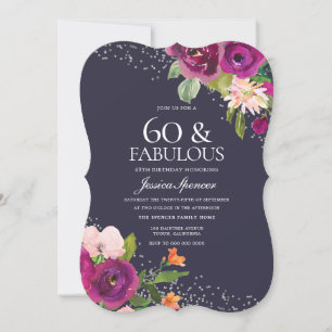 Pink Flowers Paars Back 60th Birthday Party Kaart