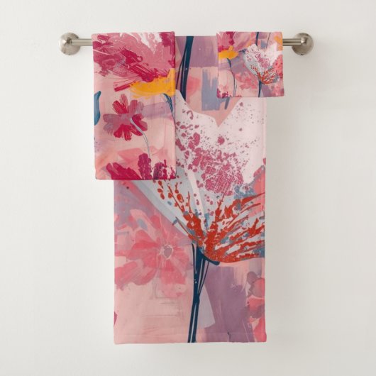 Pink Flowers Painted Brushtrokes Botanical Pattern Bad Handdoek (Insitu)